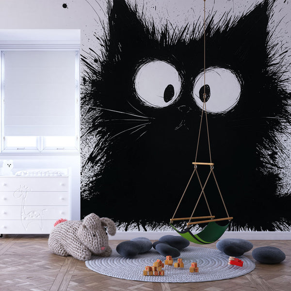 Playful Black Cat Wallpaper | Curious Feline Illustration
