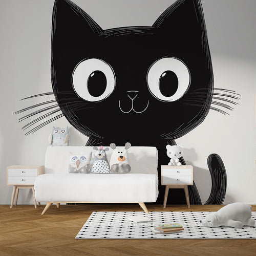 Adorable black cat wallpaper with minimalist feline illustration and big expressive eyes