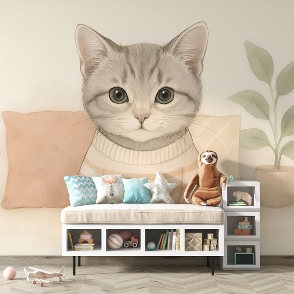 Cute Cat Wallpaper | Kitten in a Striped Sweater on Soft Tones