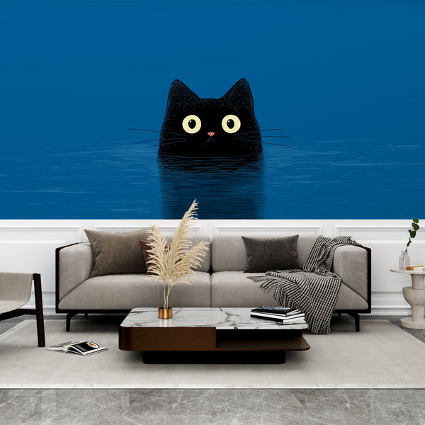 Black Cat Wallpaper | Illustrated Cat Emerging From Blue Water