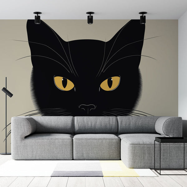 Black Cat Wallpaper | Stylized Face Gold Eyes Mural