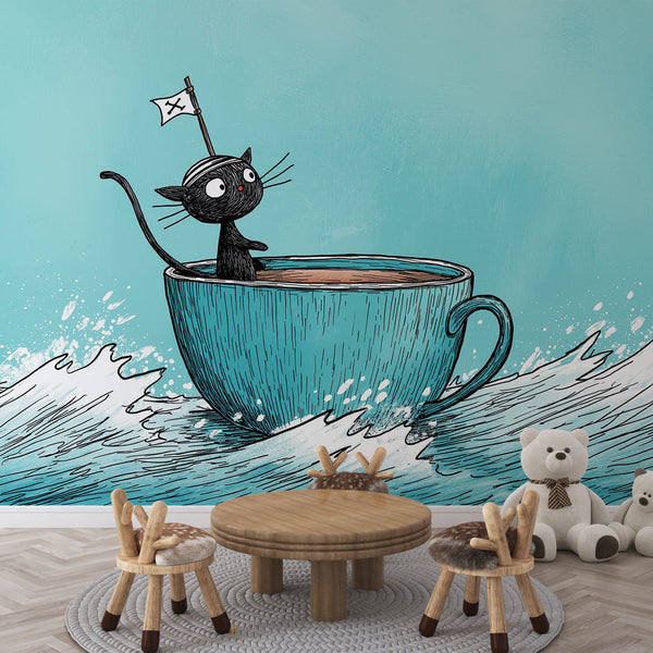 Pirate Cat Wallpaper | Black Cat Sailing on a Giant Teacup