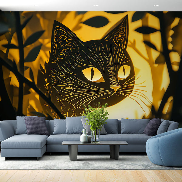 Illuminated Cat Wallpaper | Feline Silhouette Wall Mural Design