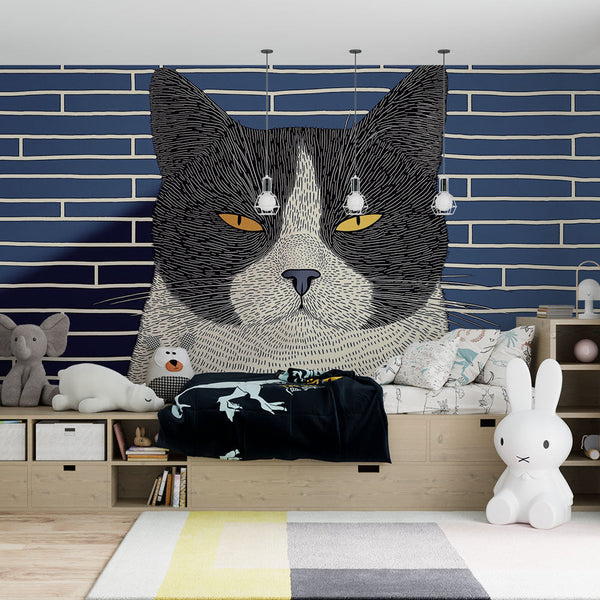 Stylized Cat Wallpaper | Blue Brick Wall Mural Design