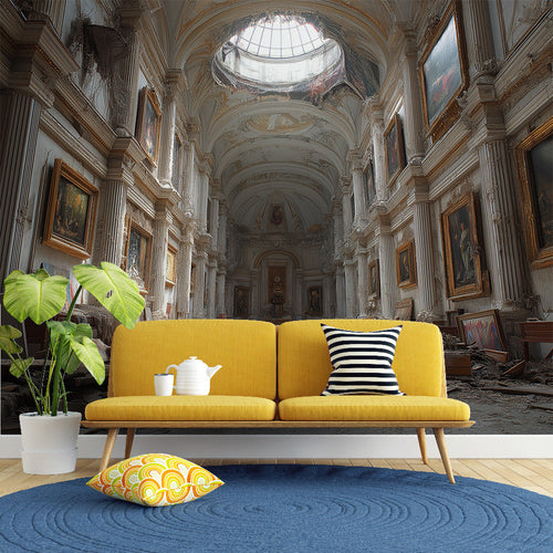 Abandoned castle wallpaper with a majestic sunlit hall, gilded frames and faded walls