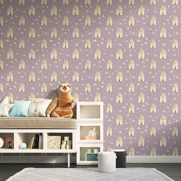 Castle Wallpaper | Fairytale Castles on Lilac with Stars