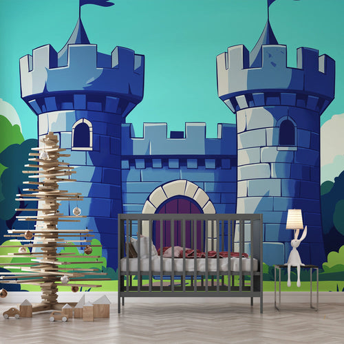 Animated castle wallpaper with stylised towers, wooden gate and green forest
