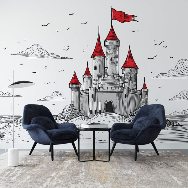 Castle Wallpaper | Medieval Castle with Red Flags by the Sea