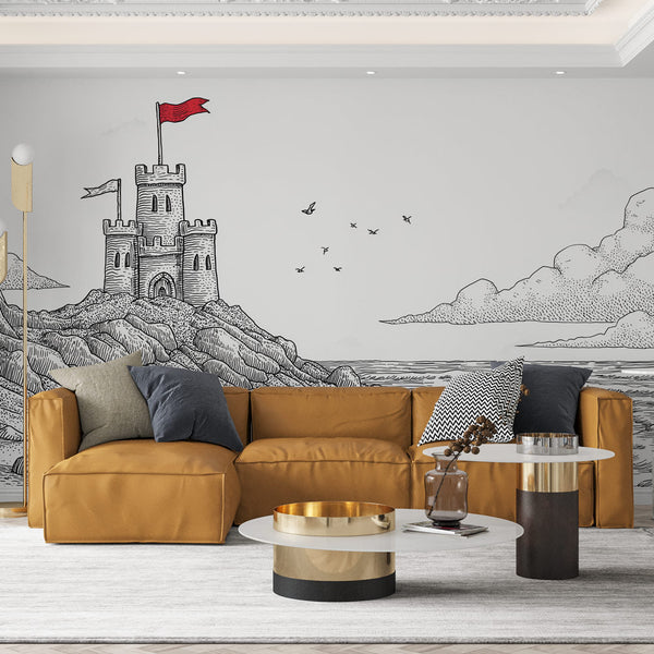 Sandcastle Wallpaper | Detailed Beach Castle in Black and White