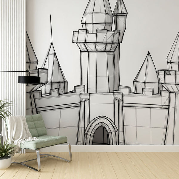 Wire Castle Wallpaper | Playful Line-Drawn Fortress Design