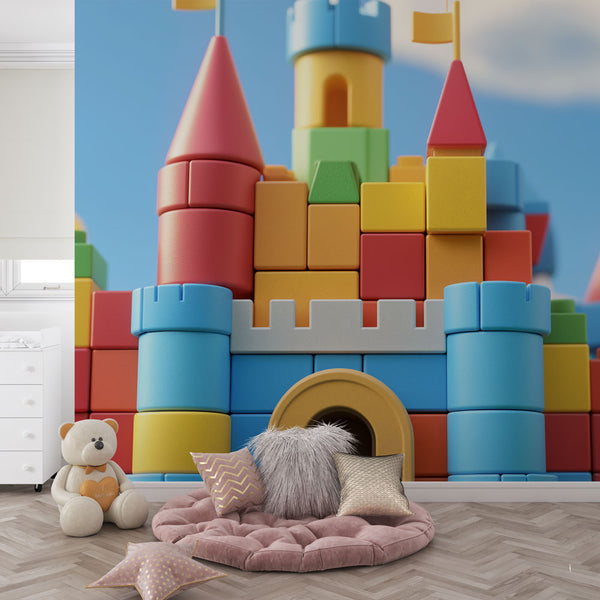 Building Block Castle Wallpaper | Playful Coloured Brick Fortress