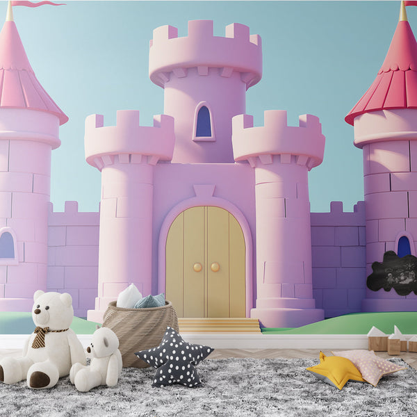 Cartoon Pink Castle Wallpaper | Playful Toy Towers & Banners