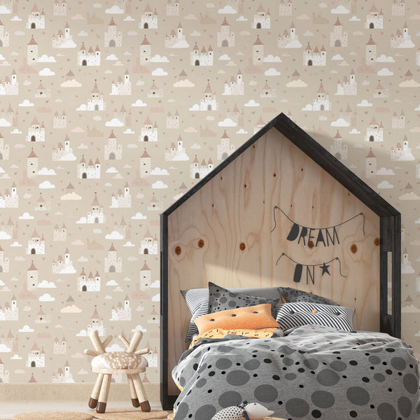 Castle and Cloud Wallpaper | Pastel Castles on Warm Beige