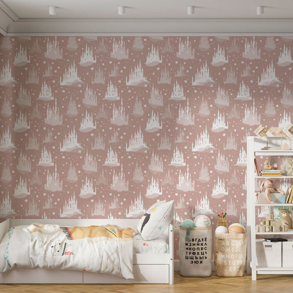 Fairytale Castle Wallpaper | Castles and Clouds on Soft Pink