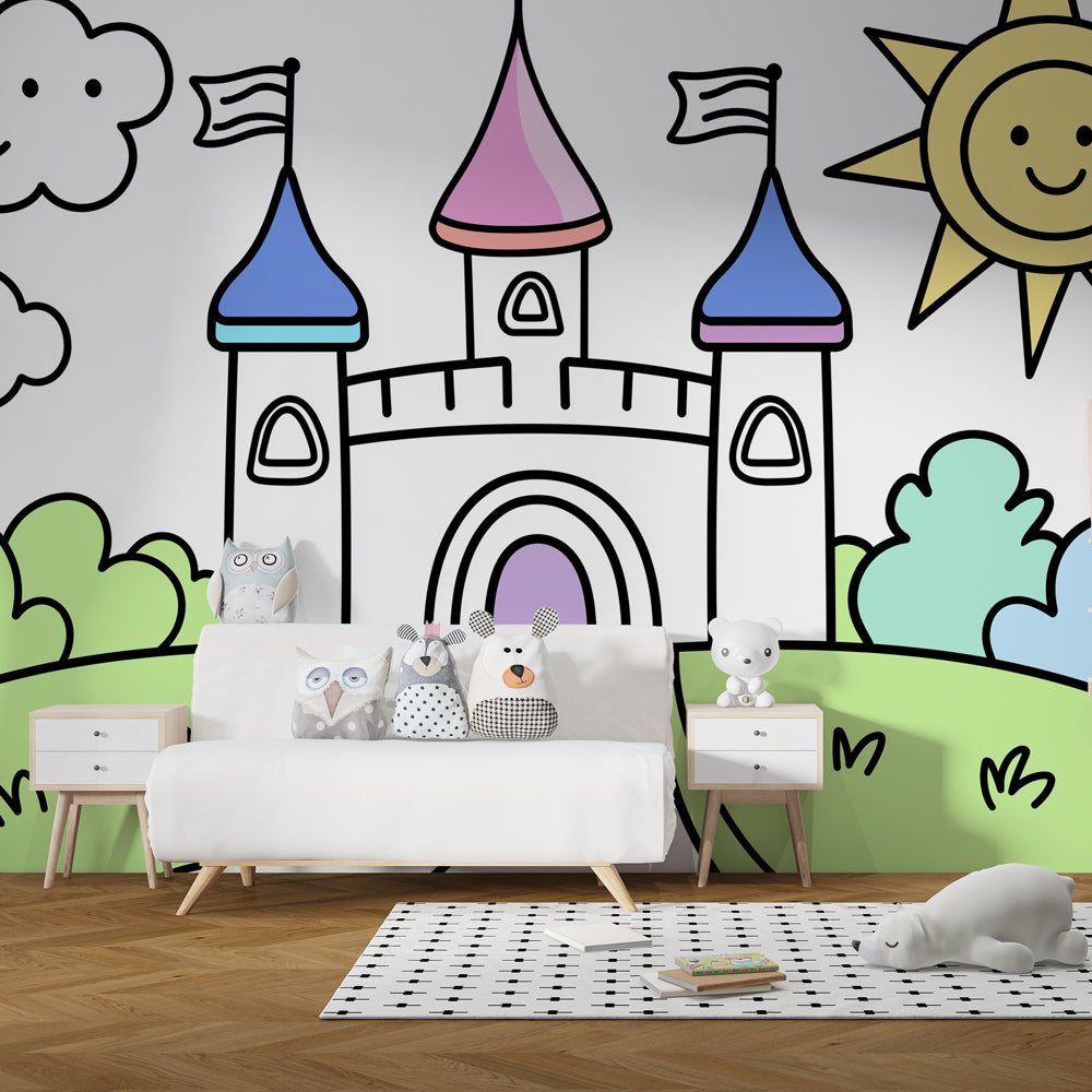 Sunny Fairytale Castle Wallpaper | Pastel Towers Beneath Cheerful Sky