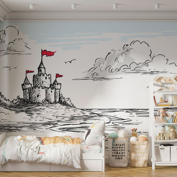 Castle Wallpaper | Illustrated Castle with Red Flags