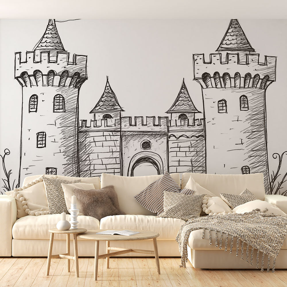 Medieval Castle Wallpaper | Stylised Towers in Monochrome Ink