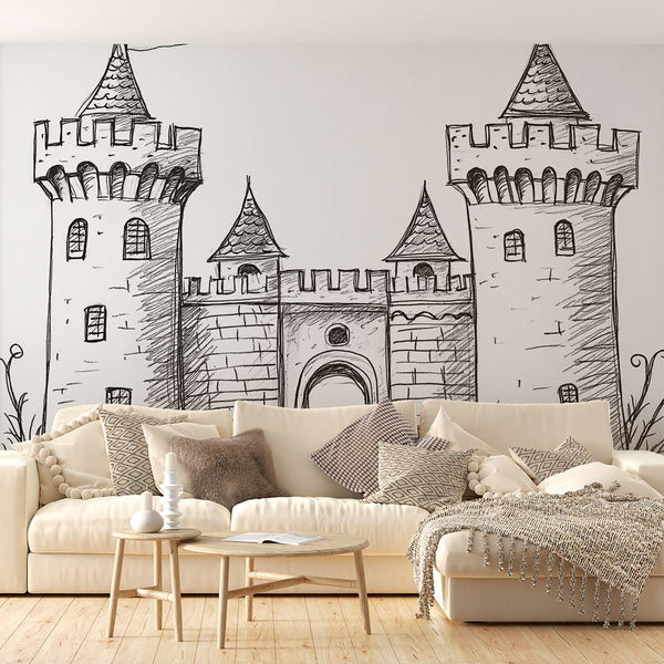 Medieval Castle Wallpaper | Stylised Towers in Monochrome Ink