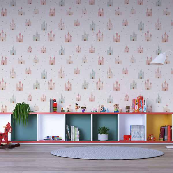 Castle Wallpaper | Charming Pastel Castles on Warm Beige