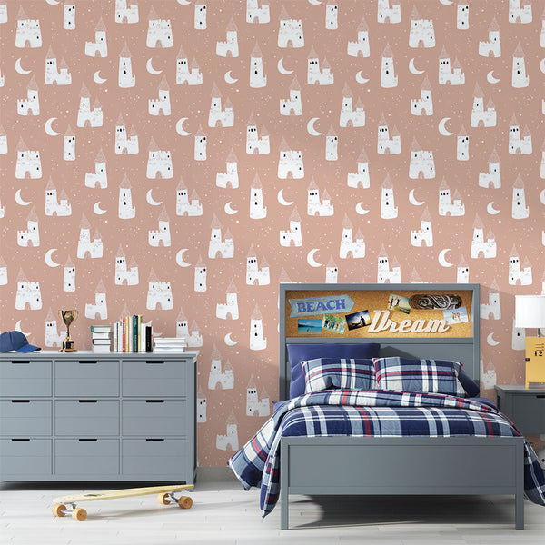 Castle Wallpaper | White Castles and Crescent Moons on Pink