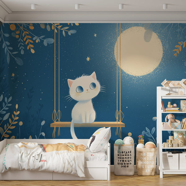 Kitten and Moon Wallpaper | White Cat Under a Starry Sky
