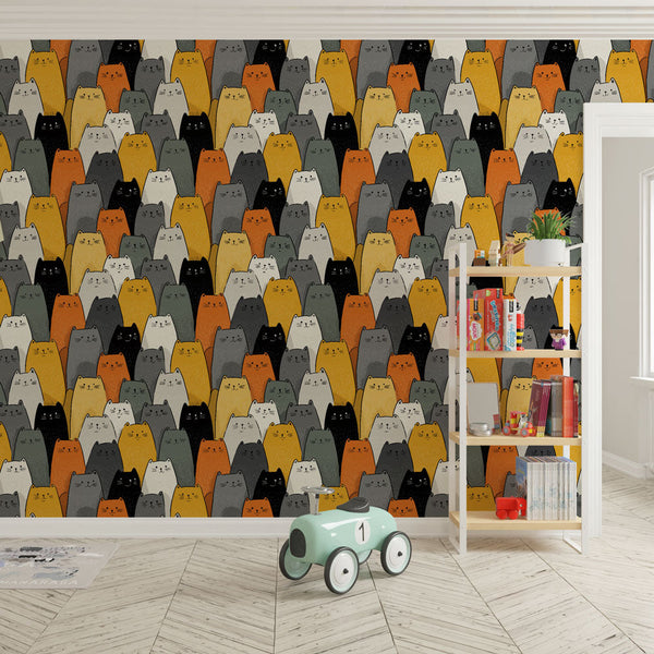 Kitten Wallpaper | Graphic Cat Faces Wall Mural in Warm Tones