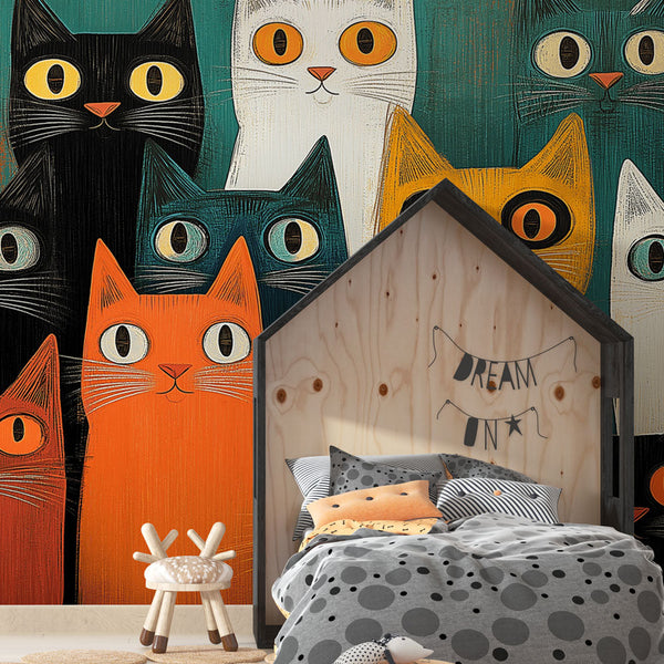 Colourful Cats Pattern Wallpaper | Modern Feline Motif