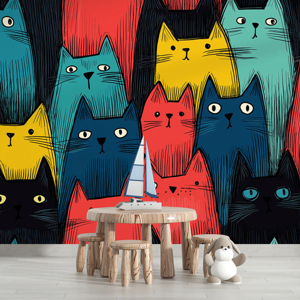 Colorful Stylized Cats Wallpaper | Vivid Wall Mural