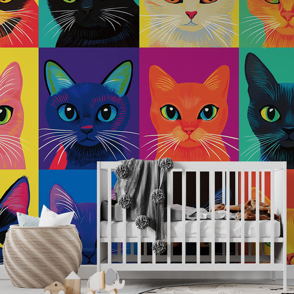 Stylized Cat Faces Wallpaper | Vibrant Pop Wall Mural