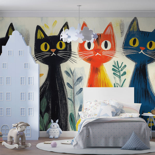 Four Colored Cats Wallpaper | Leaves Wall Mural Design