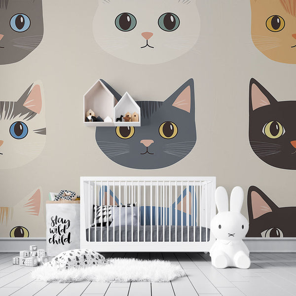Colored Cat Heads Wallpaper | Varied Tones Wall Mural