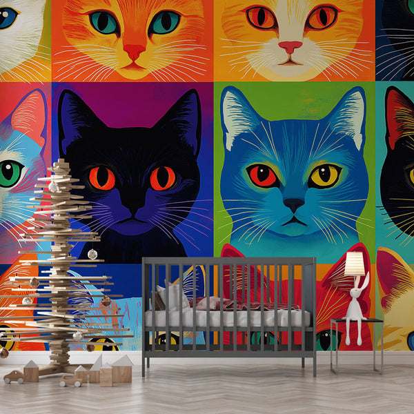 Vibrant Cat Faces Wallpaper | Bold Colourful Feline Grid