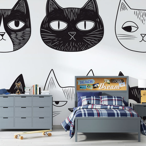 Illustrated Cats Wallpaper | Stylized B&W Wall Mural