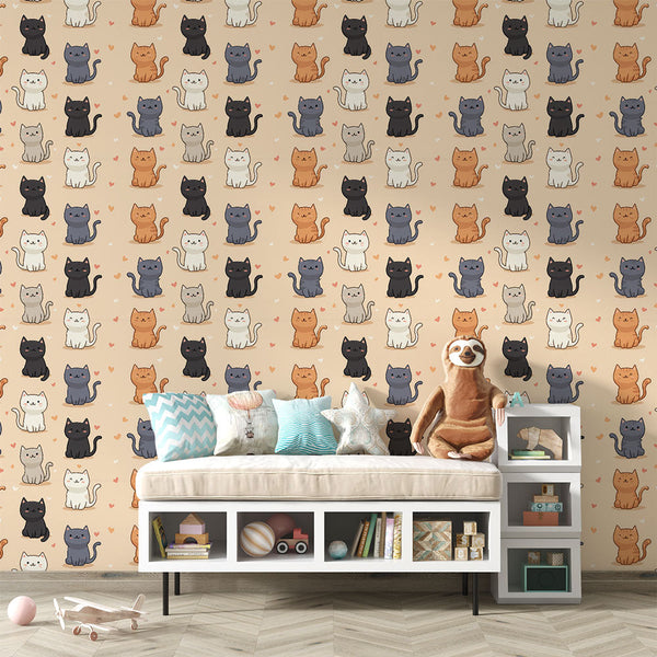 Cute Cat Wallpaper | Playful Cats and Little Hearts on Beige
