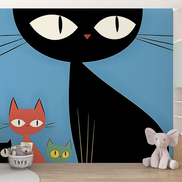 Stylized Cats Wallpaper | Blue Background Wall Mural