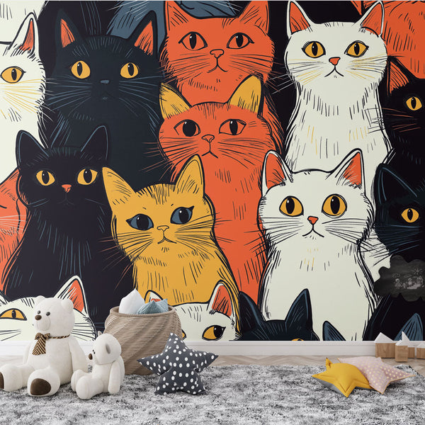 Colorful Cats Wallpaper | Playful Wall Mural With Bright Eyes