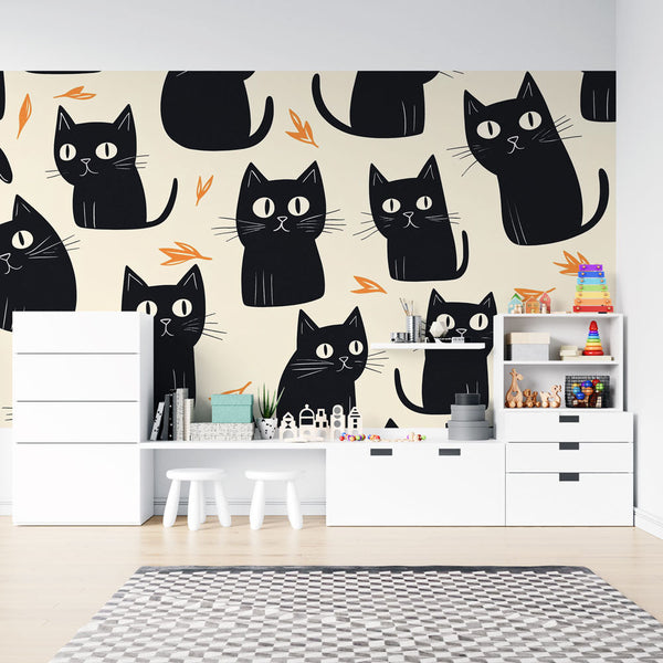 Black Cats Wallpaper | Foliage Minimalist Wall Mural
