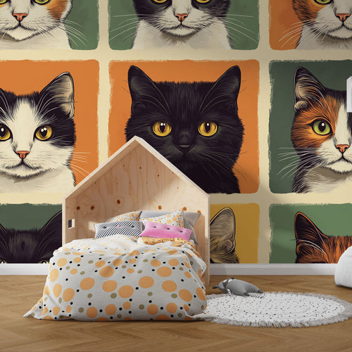Artistic cat portraits wallpaper with stylised felines in pastel coloured squares