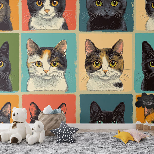 Colourful Cat Squares Wallpaper | Artistic Feline Grid