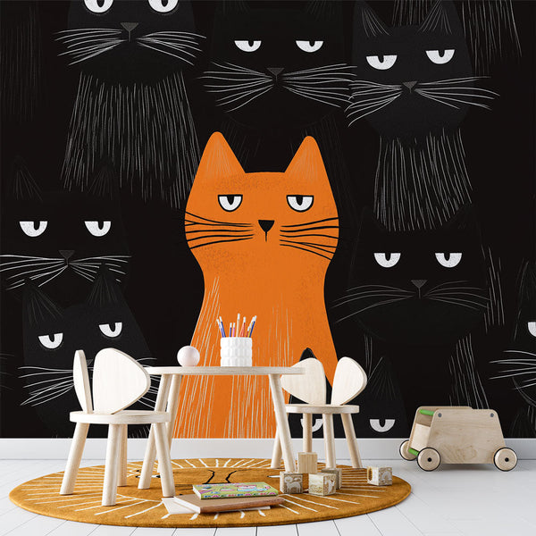 Cats Wallpaper | Orange Cat Among Black Silhouettes Mural