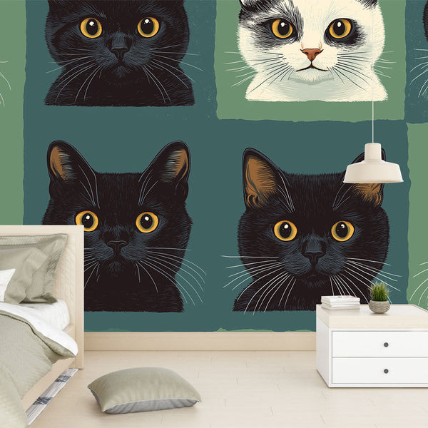Modern Cat Faces Wallpaper | Vibrant Feline Visages