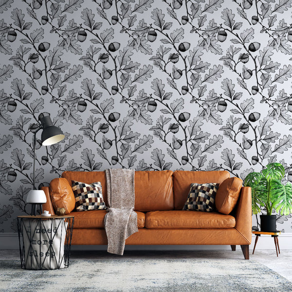 Oak and Acorn Wallpaper | Refined Black and White Motif