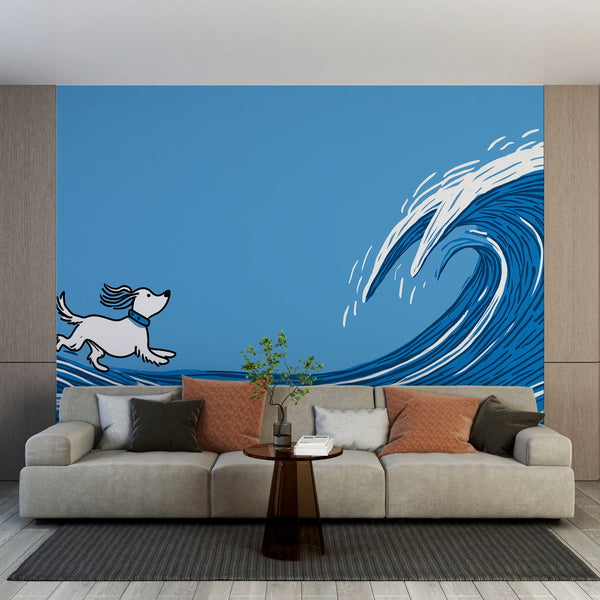 Dog and Waves Wallpaper | Playful Pup Riding Stylized Blue Surf