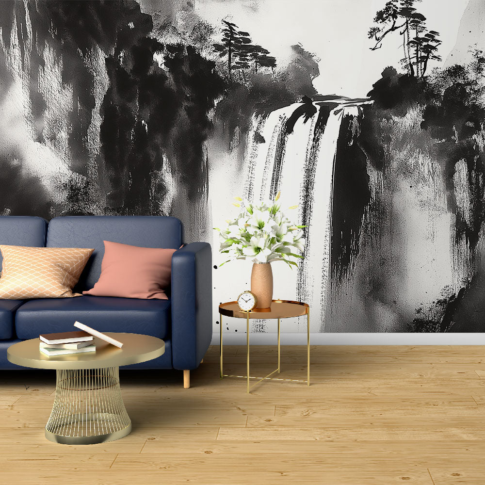 Waterfall d eau Wallpaper | Illustration black white d waterfall