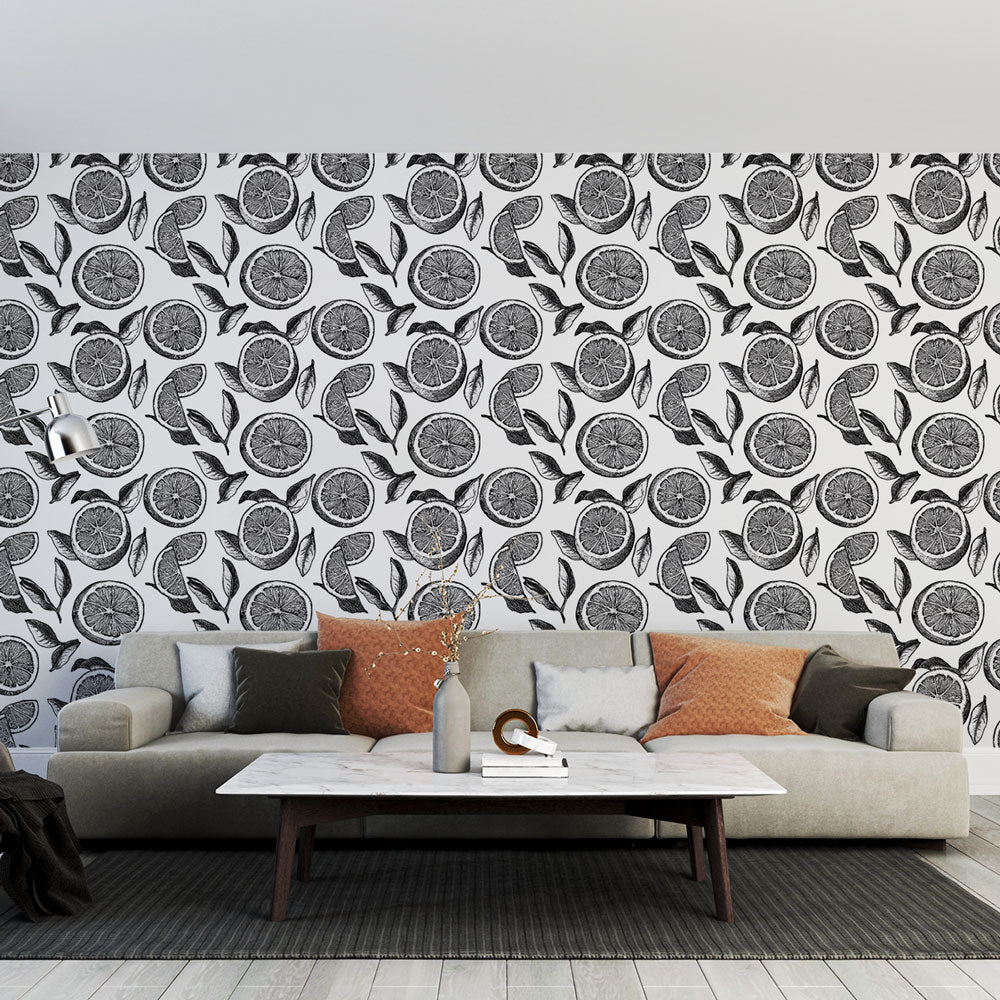 Lemon Wallpaper | Fruits and Leaves in Black and White Wall Mural