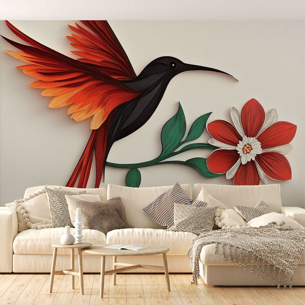Hummingbird Wallpaper | Paper Art with Vibrant Bird Red Flower