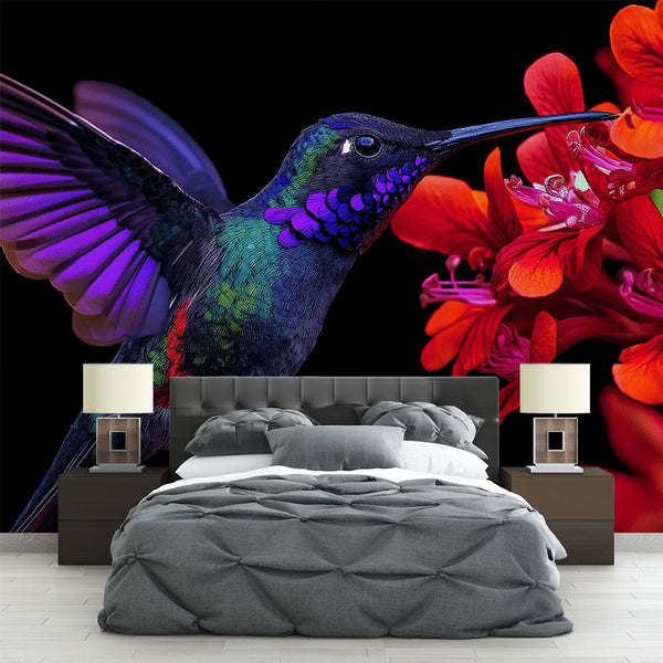 Hummingbird Wallpaper | Colorful Bird Feeding on Red Flowers