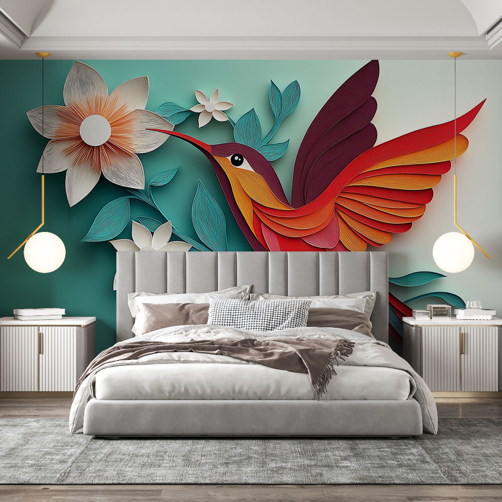 Hummingbird Wallpaper | Colorful Bird and Paper-Cut Flowers
