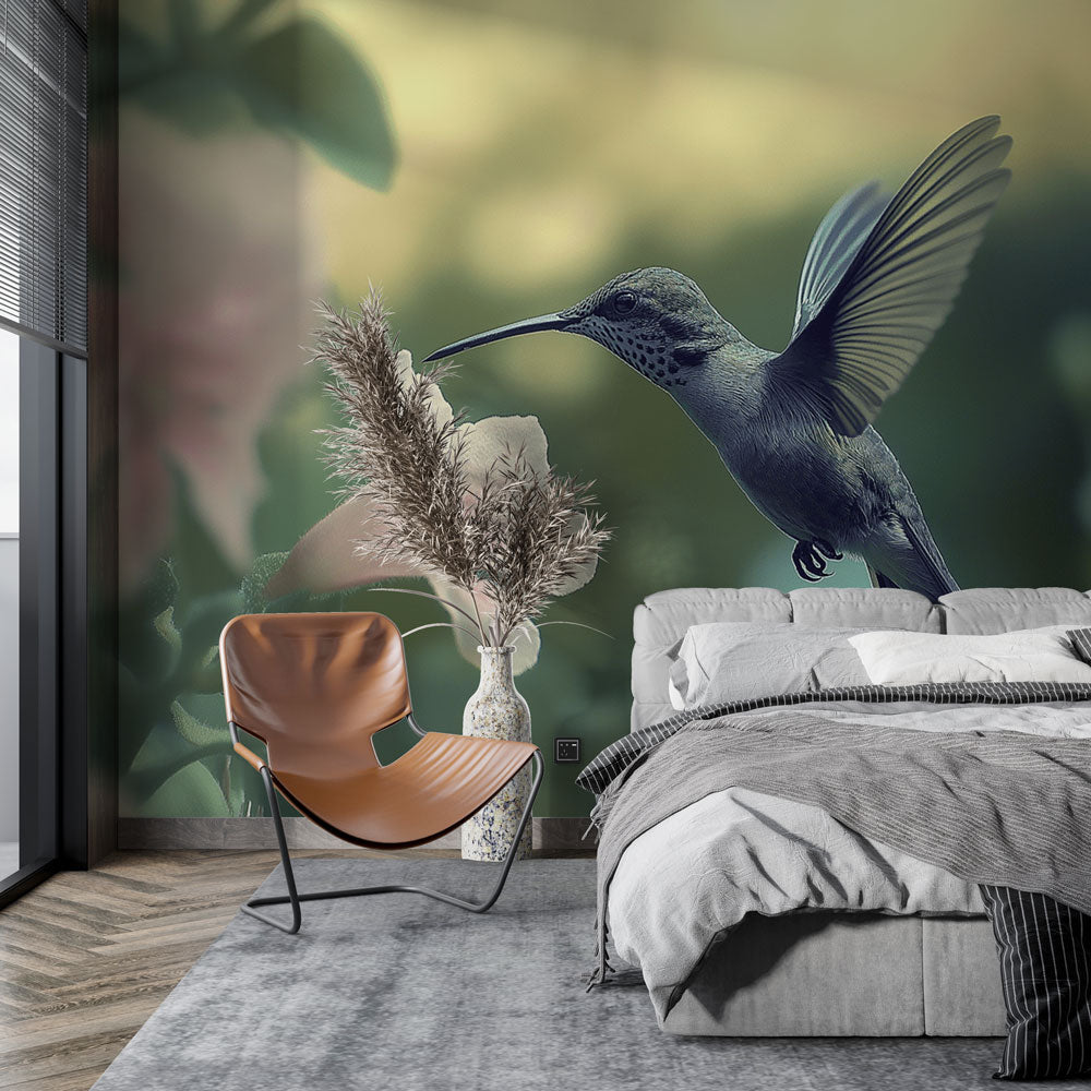 Hummingbird Wallpaper | Hummingbird in Flight Before Delicate Flowers