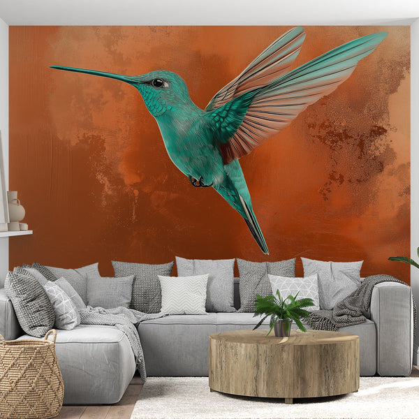 Hummingbird Wallpaper | Turquoise Bird on Copper Background